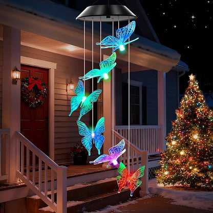 WENANA Blue Butterfly Solar Wind Chimes Color Changing Lights Outdoor, Best Gifts for Mom Grandma Women Wife Aunt Daughter Sister, Unique Mobile Wind Chime, Gardening Yard Decorations