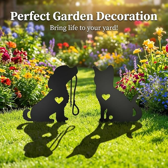Metal Garden Decor for Outside, Black Silhouette Statues Gifts for Yard Ornaments,Lawn, Patio, Pathway,Outdoor Garden Decor, Lawn Ornaments (Cat+Dog)
