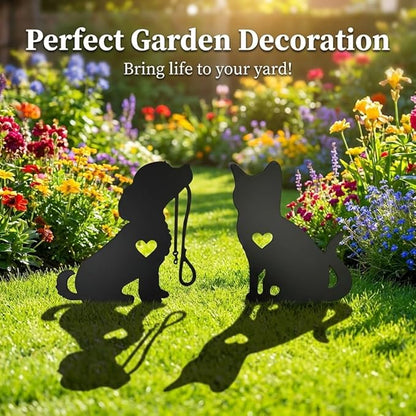 Metal Garden Decor for Outside, Black Silhouette Statues Gifts for Yard Ornaments,Lawn, Patio, Pathway,Outdoor Garden Decor, Lawn Ornaments (Cat+Dog)