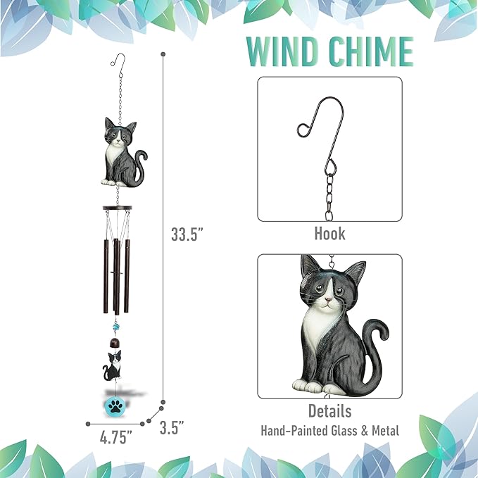 CoTa Global Tuxedo Cat Wind Chime - Pet-Themed Metal Hanging Decor with Dark-Tone Wind Chime Tubes and Beaded Accents, Indoor Outdoor Porch Patio Garden Decoration - 33.5 Inches