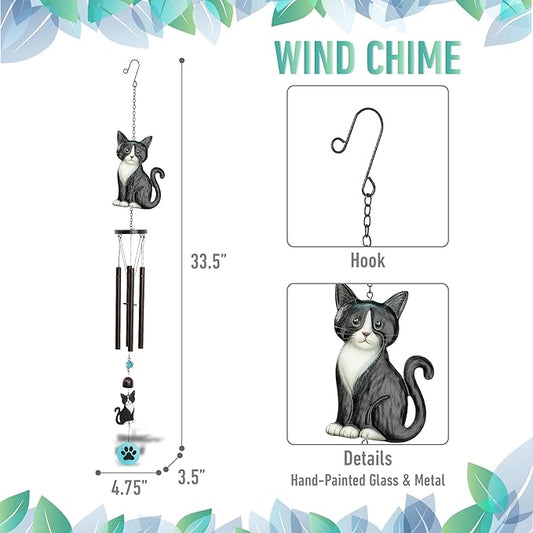 CoTa Global Tuxedo Cat Wind Chime - Pet-Themed Metal Hanging Decor with Dark-Tone Wind Chime Tubes and Beaded Accents, Indoor Outdoor Porch Patio Garden Decoration - 33.5 Inches
