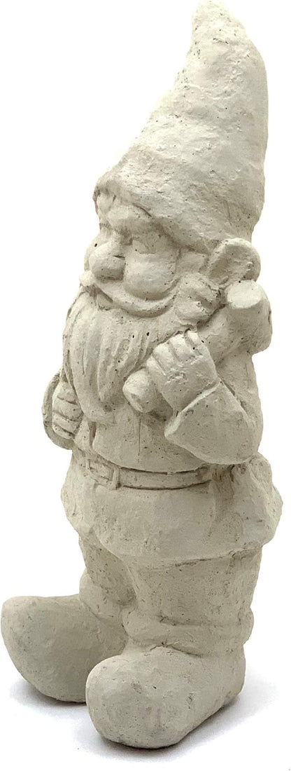 Garden Gnome with Mallet: Solid Durable Stone Statue with Vintage Texture. Sealed for Outdoors. Handcrafted USA. (Classic/White)
