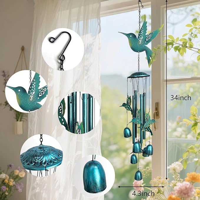 HONGLAND Wind Chimes for Outside,34" Hanging Metal Hummingbird Windchimes Outdoor,Unique Memorial Wind Chimes for Mom/Grandma,Home Decorative Ornaments for Garden, Patio, Yard Decor - Blue