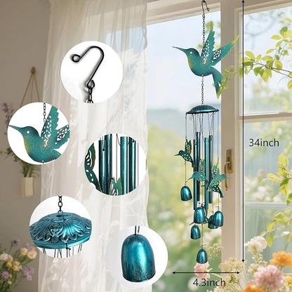 HONGLAND Wind Chimes for Outside,34" Hanging Metal Hummingbird Windchimes Outdoor,Unique Memorial Wind Chimes for Mom/Grandma,Home Decorative Ornaments for Garden, Patio, Yard Decor - Blue
