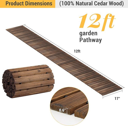 12FT Straight Wooden Garden Pathway Walkway Outdoor Roll Out Decorative Garden Non-Slip Patio Path Decorative Boardwalk Outdoor Road Floor for Backyard Beach Wedding Party
