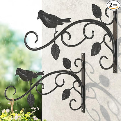 LASZOLA 2 Pack 12 Inch Hanging Plant Brackets, Heavy Duty Iron Wall Hooks with Decorative Bird and Leaf, Rust Proof Metal Outdoor Fence Hangers for Bird Feeders, Planters, Wind Chimes, Lanterns, Black
