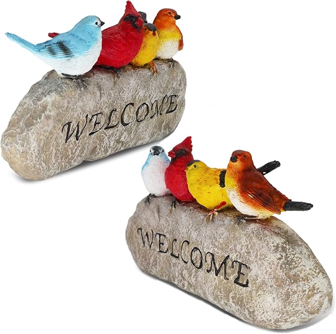 Bird Welcome Sign Stone Statue for Yard Patio Lawn Multicolored Indoor Outdoor Outside Birdy Garden Decor Funny Fairy Ornaments Figurine Home Decorations