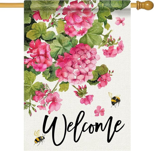 Welcome Spring Summer Geranium Decorative House Flag, Pink Floral Flowers Bees Garden Yard Outside Decorations, Seasonal Burlap Outdoor Large Home Decor Double Sided 28 x 40
