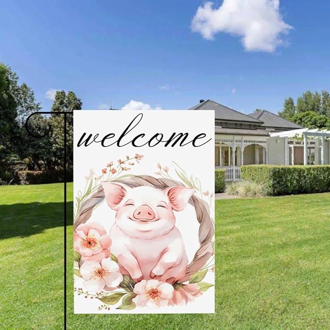 Gkyygk Welcome Garden Flag Pig Pink Flowers 12x18 Inch Banners Vertical Double Sided Small Yard Flag Burlap Farmhouse Outdoor Lawn Patio Decor