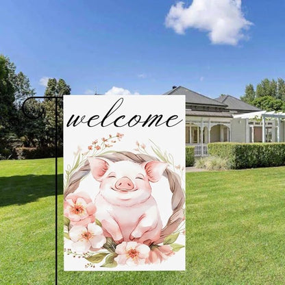 Gkyygk Welcome Garden Flag Pig Pink Flowers 12x18 Inch Banners Vertical Double Sided Small Yard Flag Burlap Farmhouse Outdoor Lawn Patio Decor