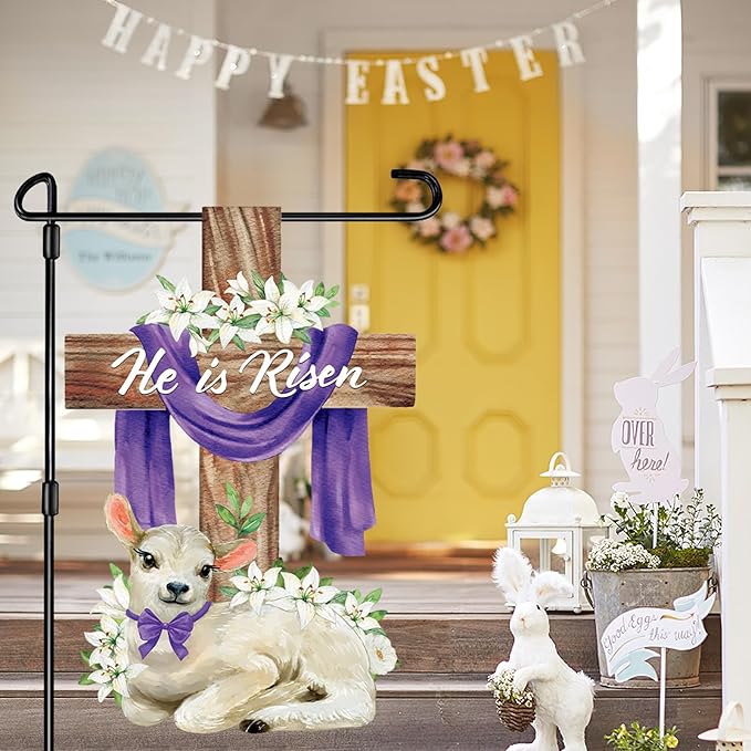 He is Risen Easter Decorations Cross Garden Banner Double-Sided Printed Flag Sheep Yard Flags Bunting Outdoor House Yard Rise Christian Jesus Lily Flowers Spring Seasonal Decoration