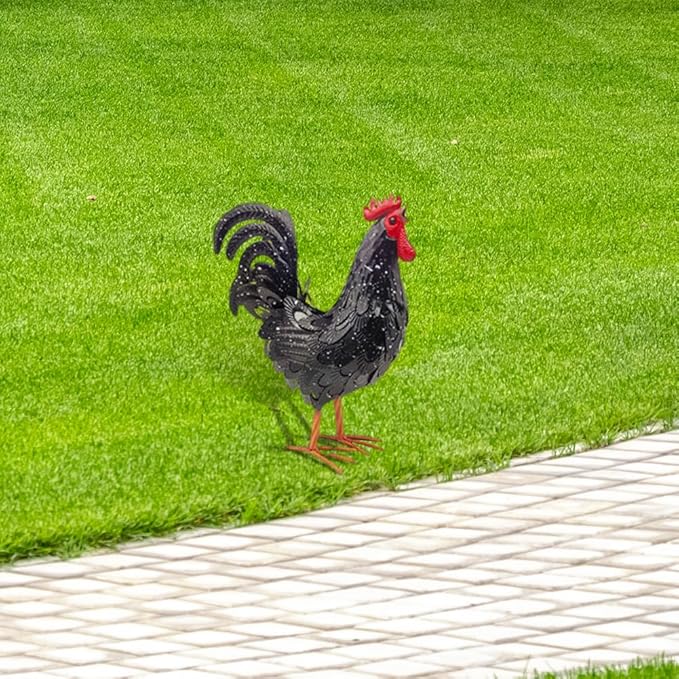 Metal Rooster Yard Decor,16 in Outdoor Chicken Statue Decoration for Patio Lawn Garden,3D Rooster Garden Statues,Chicken Yard Art Sculpture Outdoor Figurines,Metal Chicken Decor,1 Pcs (Black)