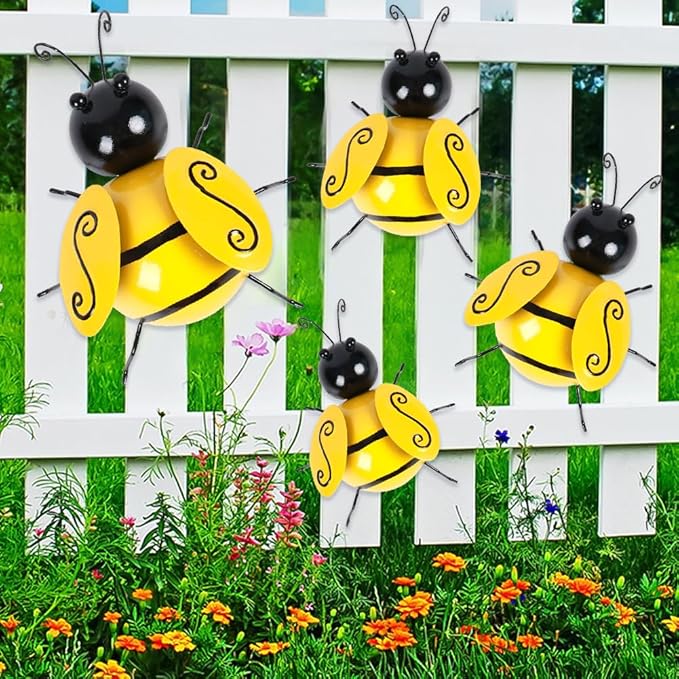 Metal Bumble Bees Garden Outdoor Decor Honey Bee Yard Art Outside Patio Fence Home Wall Decorations (Set of 4)
