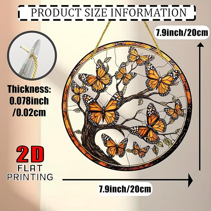 7.87Inch Butterfly Sun Catcher Acrylic Garden Cute Yellow Tree of Life Stained Suncatcher Decor Colorfu Glass for Wall Home, Garden, Housewarming Women Neighbor Decor Gifts for Mom
