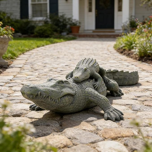 DiliComing Outdoor Alligator Statue Garden Decor - 28 Inch Realistic Resin Crocodile Garden Statues Mother & Baby Alligator Sculpture for Yard Lawn Beach Pool Decorations Gator Gifts