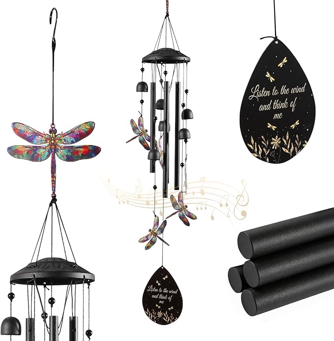 Dragonfly Wind Chime for Outside, Alloy Material Windchimes Outdoors, Fun Black Wind Chimes, for Outdoor, Garden, Yard, Patio Decoration, Gifts for Mom Neighbor Friend Unisex, Valentine's Day Gifts