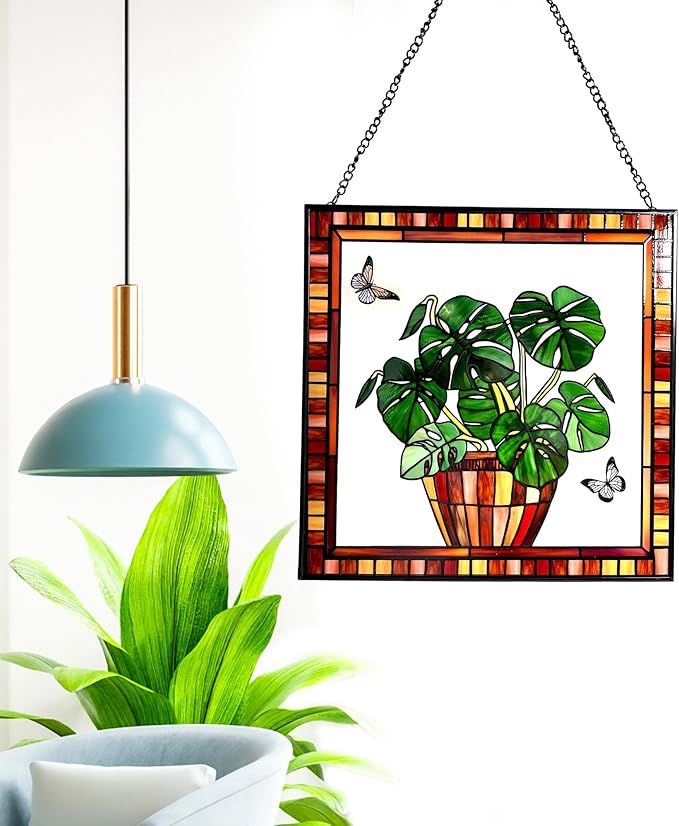 Monstera and Butterflies Stained Glass Suncatcher Panel 7.8x7.8 inches Square Window Hanging Panel for Home Decor Handcrafted Real Glass Window Art for Wall or Garden