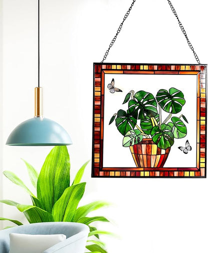 Monstera and Butterflies Stained Glass Suncatcher Panel 7.8x7.8 inches Square Window Hanging Panel for Home Decor Handcrafted Real Glass Window Art for Wall or Garden