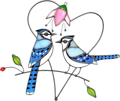 Blue Jay (1 Pair) Stained Glass Birds Suncatcher for Mom, Grandma, Women - Real Glass Window Hanging Ornament - Handmade Bird Lover Home Decor (Gifts Ready Packaging)