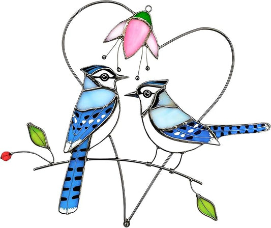 Blue Jay (1 Pair) Stained Glass Birds Suncatcher for Mom, Grandma, Women - Real Glass Window Hanging Ornament - Handmade Bird Lover Home Decor (Gifts Ready Packaging)