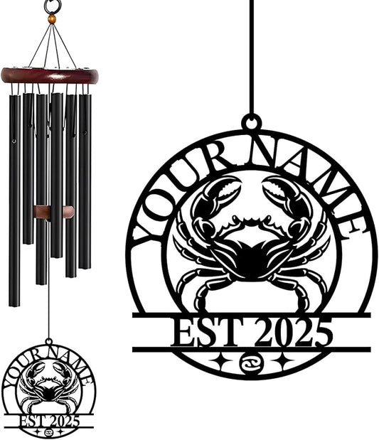 Personalized Customize Name 12 Zodiac Signs Wind Chime, Metal Iron 37 Inch Outdoor Memorial Gift for Garden Yard Patio Home Decor, Black (Cancer)