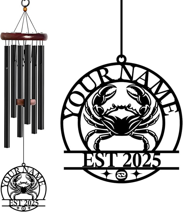 Personalized Customize Name 12 Zodiac Signs Wind Chime, Metal Iron 37 Inch Outdoor Memorial Gift for Garden Yard Patio Home Decor, Black (Cancer)