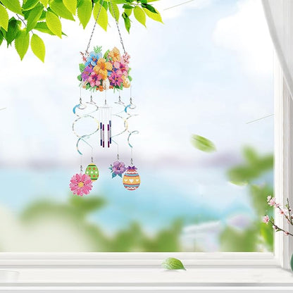 DIY Wind Chime Pendant Spring 3D Diamond Art Painting Hanging Ornament Double Sided Diamond Suncatchers for Window Home Backyard Garden Wall Door Decor-Flowers