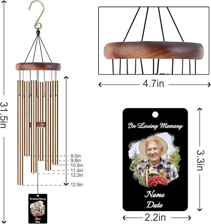 Personalized Custom Wind Chimes Memorial Engraved Gifts for Loss of Loved One Mother Dad Mom Dog Pet Customized Outdoor Sympathy Wind Chimes with Photo Text