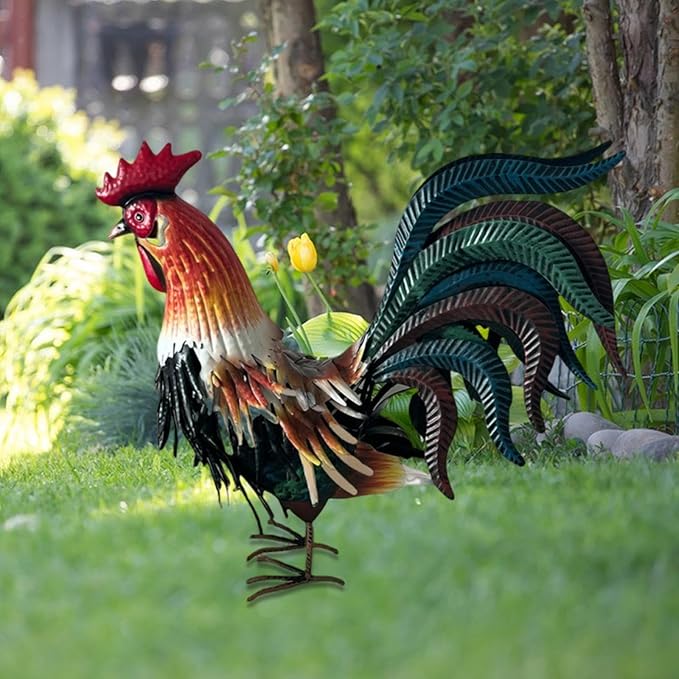 Fenteer Metal Decor Farm Animal Figurine Outdoor Garden Statue Landscape Chicken Sculpture Iron Crafts for Home, Orange