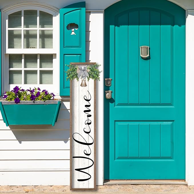 flowtorely Outdoor Welcome Sign for Front Porch Standing 45"×9" Vertical Leaner Wood Frame Tall Outside Rustic Large farmhouse Home Decor Welcome Sign for Front Door Decorations (Wood White)