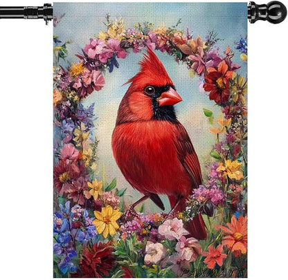 Cardinal Bird Spring House Flag 28x40 Inch Double Sided Large Burlap Summer Floral Wreath Yard Flag Outdoor Outside Seasonal Farmhouse Decoration