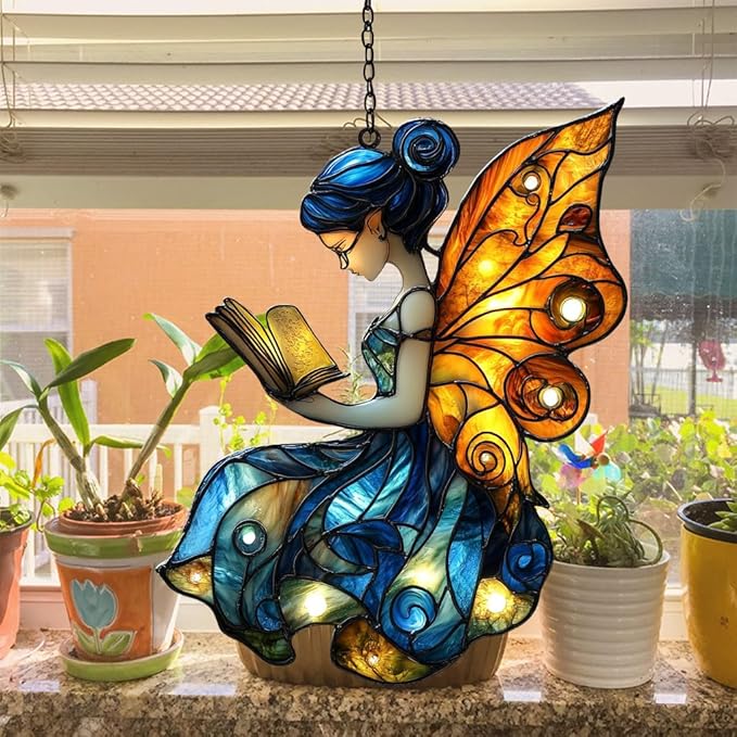 Starry Night Fiary Acrylic Suncatcher Stained Glass Effect Window Car Hanging Christmas Ornament Indoor Outdoor Decor Garden Sun Catcher Panel for Fairy Lover for Women Mom Grandma