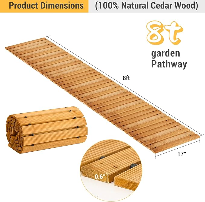 8FT Straight Wooden Garden Pathway Walkway Outdoor Roll Out Decorative Garden Non-Slip Patio Path Decorative Boardwalk Road Floor for Pool Backyard Wedding Party Beach (Warm Brown)