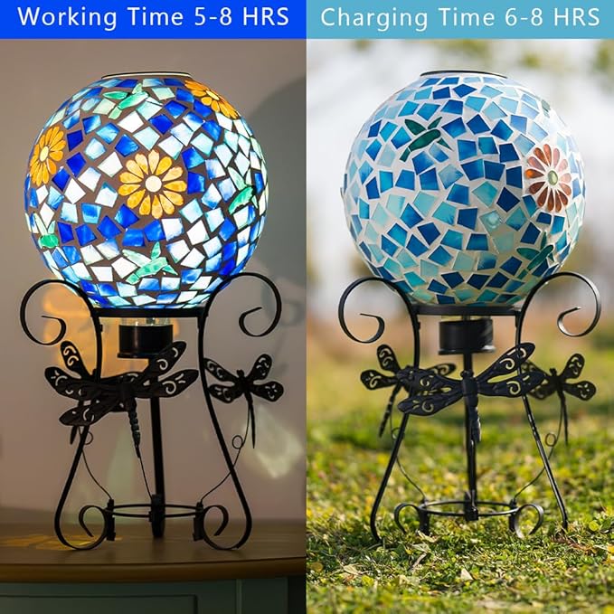 Stargarden Solar Gazing Ball, 10" Mosaic Gazing Ball,Glass Gazing Globe with Metal Stand, Decorative Solar Globes for Patio, Lawn, Garden Decor