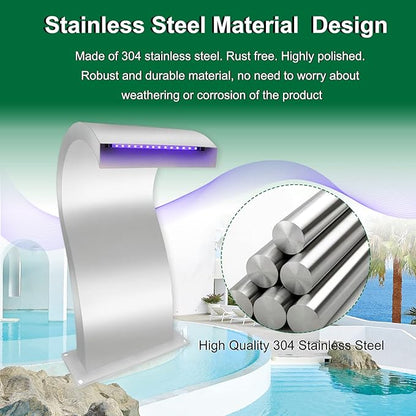 LONGRUN S-Shaped Waterfall Spillway Stainless Steel Swimming Pool Fountain with Color Changing LED Light, Outdoor Pond Waterfalls Kit for Garden Patio Swimming Pool Koi Ponds Decoration -20.2" Height
