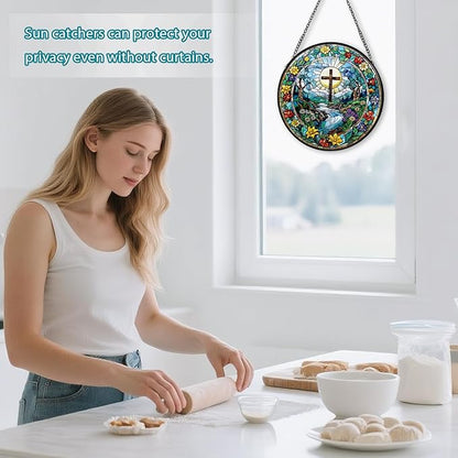 Cross Stained Glass Window Hanging, Wildflower Suncatcher Diamond Glass Panel Hangings, Sun Catchers Indoor Windows Wall Art Decor, Pastor Christian Gift, Christmas Decor for Home Office 7.87 inches