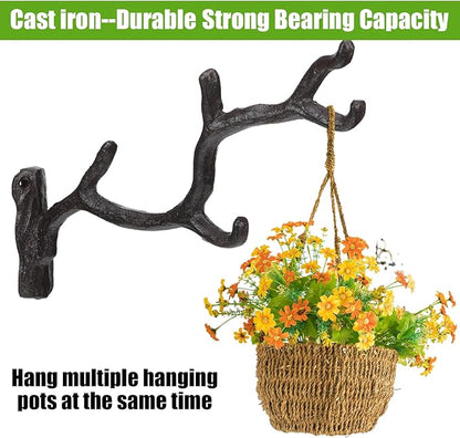 Blulu 4 Pcs 11'' Cast Iron Tree Branch Plant Hangers Decorative Metal Wall Bracket Hooks Wall Heavy Duty Home Storage Rack for Hanging Plants Pot Basket Lantern Wind Chimes Outdoor Indoor (Rust Brown)