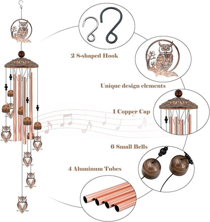 35 Inch Owl Wind Chimes for Outside - Rustic Copper Metal Silhouette Decor with 6 Handcrafted Pendants - Wisdom & Guardian Memorial Windchime - Unique Gift for Owl Lovers, Garden & Patio