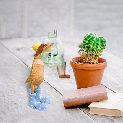 Wooden Crafted Duck Figurine with Spotty Wellies Funny Standing Duck Statues Decorative Resin Rain Boot Animal Sculpture Collectible Crafts Waterproof Garden Lawn Ornament (Blue, 7.9Inch)