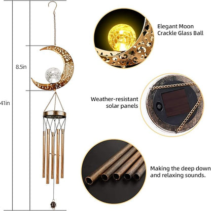 DesGully Solar Wind Chimes, Sun Wind Chime Outdoor Clearance w/Glowing Crackle Glass LED Unique Wind Bells for Outside Waterproof Chimes, Gifts for Her/Him (42" Long Metal Chimes)…