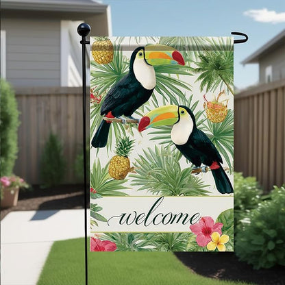 Welcome Toucan Garden Flag Tropical Bird Pineapple Palm Leaves Outdoor Yard Porch Lawn Garden Decor for Summer Island Patio Farmhouse Coastal Seasonal Home Display