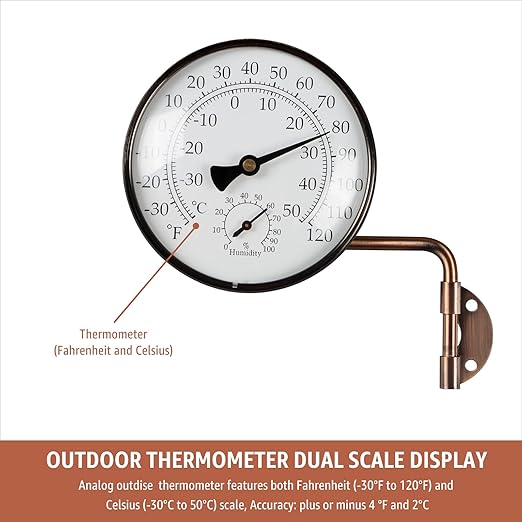 4-Inch Brass Analog Outdoor Thermometer & Humidity Gauge - Easy Install Battery-Free Wall Mount, Window Readable for Patio Garden Garage