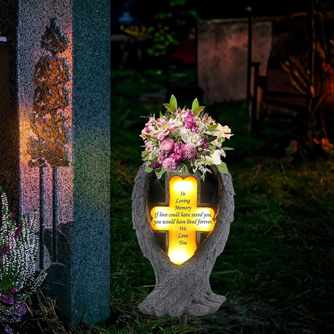 Angel Wings and Cross Solar Light CemeteryDecorations, Cemetery Decorations,Garden Solar Vase Decorations,Gift for Lost Lovers Ones (Grey)