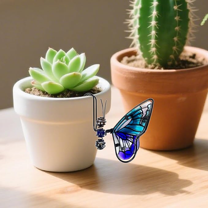 3Pcs Butterfly Decorations for Flower Pots - Iron and Glass Painted Hanging Butterflys Ornaments, Plant Pot Potted Hanger Figurines, Outdoor Garden Pendant Decor (Butterfly)
