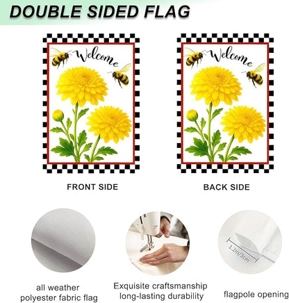 IVN Welcome Garden Flag 12x18 Inch Double Sided Spring Summer Garden Yard Flags Yellow Chrysanthemum Flowers Bees Decorative Small Flags for Outdoor Seasonal Front Door Lawn Porch Patio Decor Yard Flag