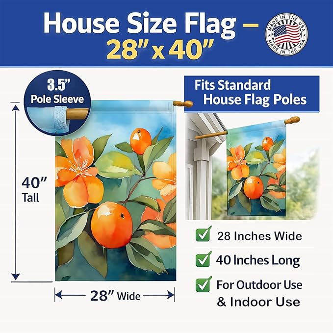 Caroline's Treasures Florida Orange Blossom in Watercolor House Flag Large Porch Sleeve Pole Decorative Outside Yard Banner Artwork Wall Hanging, Polyester, House Size, Multicolor
