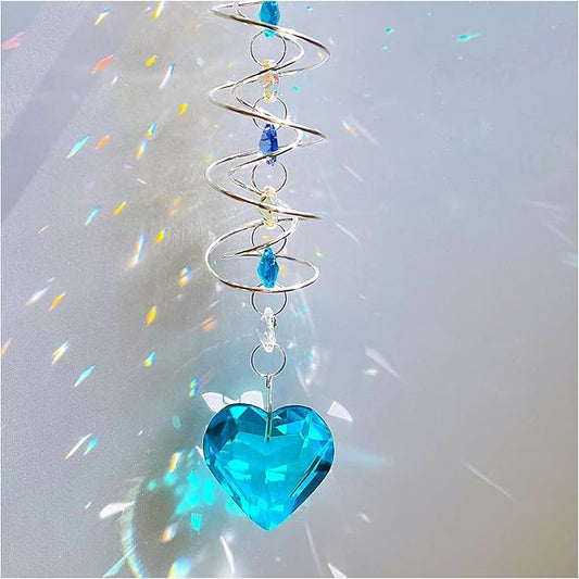 Big Heart Crystal Sun Catchers for Windows Hanging, Double-Spiral Design Gazing Ball Spiral Tail, Rainbow Maker Prism, Sun Catchers Indoor Window for Kitchen, Patio, Porch, Garden(Sky Blue)