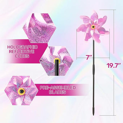 BATTIFE Reflective Pinwheels for Yard and Garden, Pre-Installed Bird Blinder Sparkly Pin Wheel, Scare Birds & Animal Away Wind Spinner, 10 Pack (Pink)