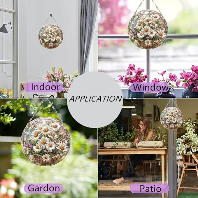 Daisy Flower Stained Window Hangings with Chain – Round Acrylic Wild Flower Ornament for Garden, Patio and Indoor Decor, Housewarming Gift for Mom,Mother, Grandma
