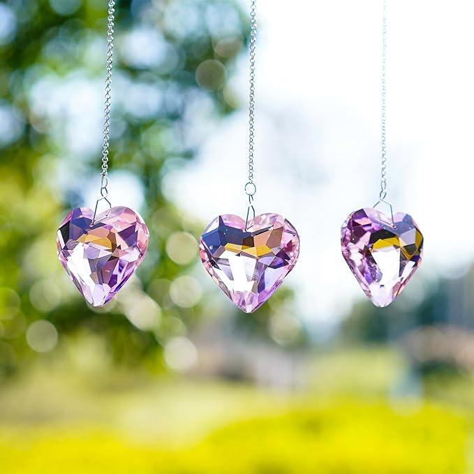 H&D HYALINE & DORA Pink Heart Crystals Suncatcher Hanging Heart Sun Catcher with Chain Pendant Ornament for Window Home Garden Christmas Tree Party Wedding Decor(3 Pack)